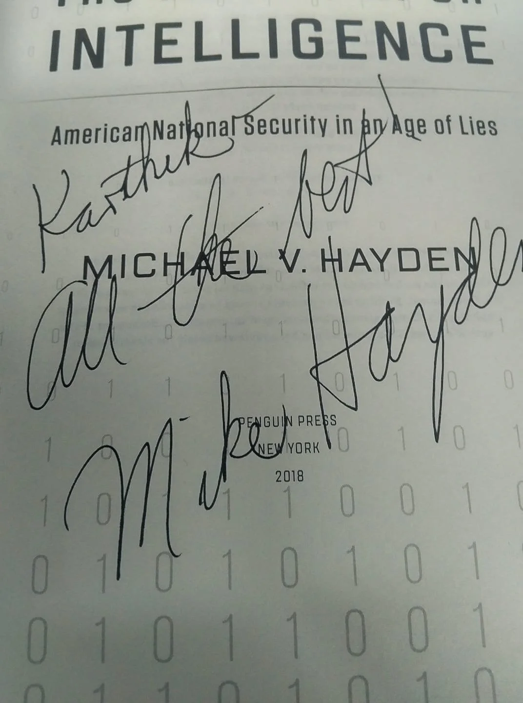 Figure 2: Autograph given to Karthik Krishna by a former NSA & CIA Director at the Broadmoor Hotel in Colorado Springs, CO.